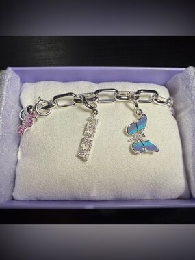 Silver Link Charm Bracelet with Blue Butterfly and Pink Accent